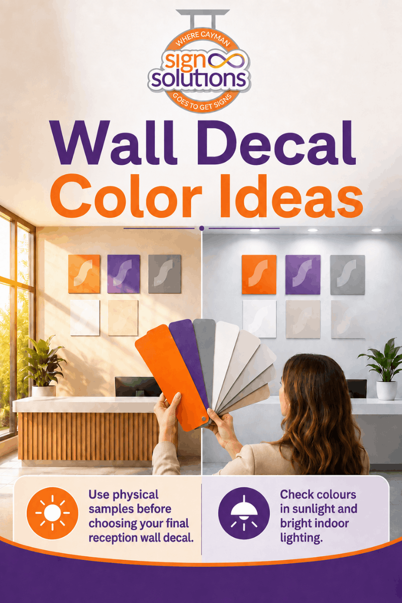 Branded reception wall decals matching a company's brand