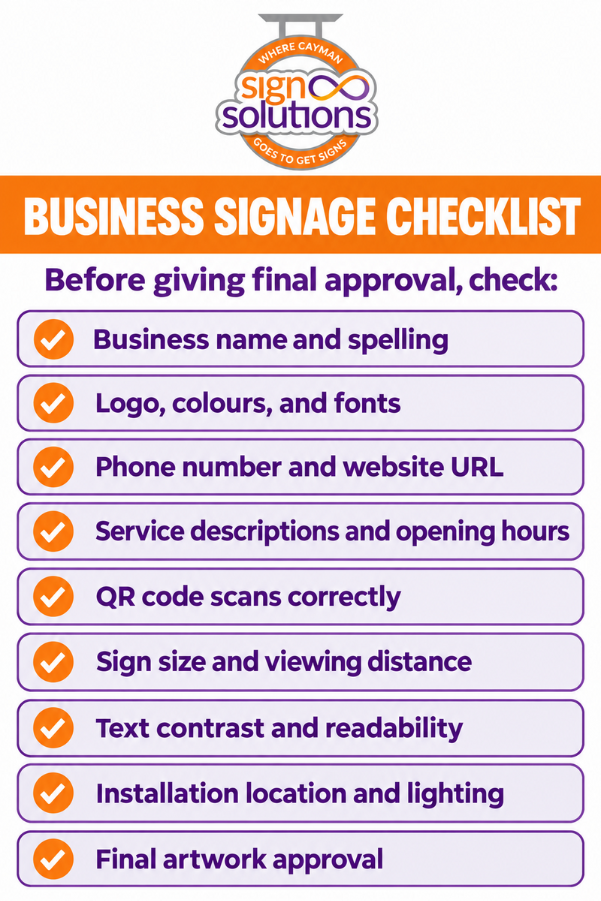 Business sign displaying company name, logo, contact details, and key brand information